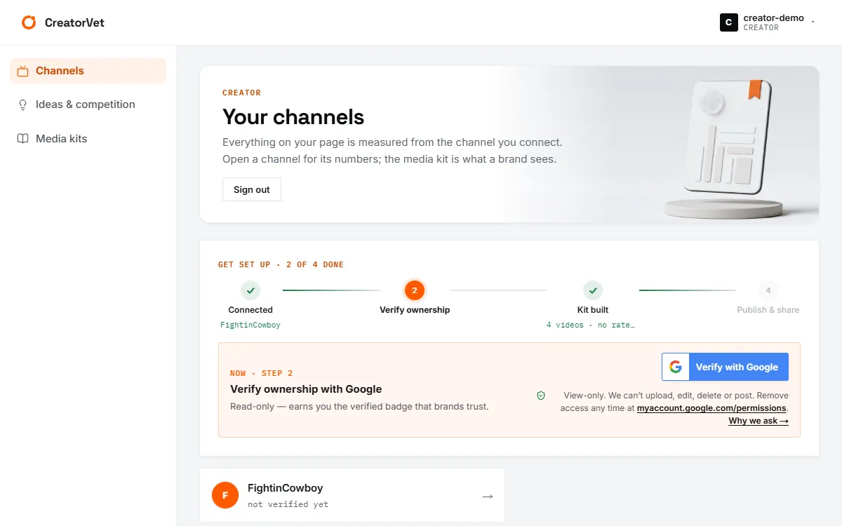 The CreatorVet creator dashboard